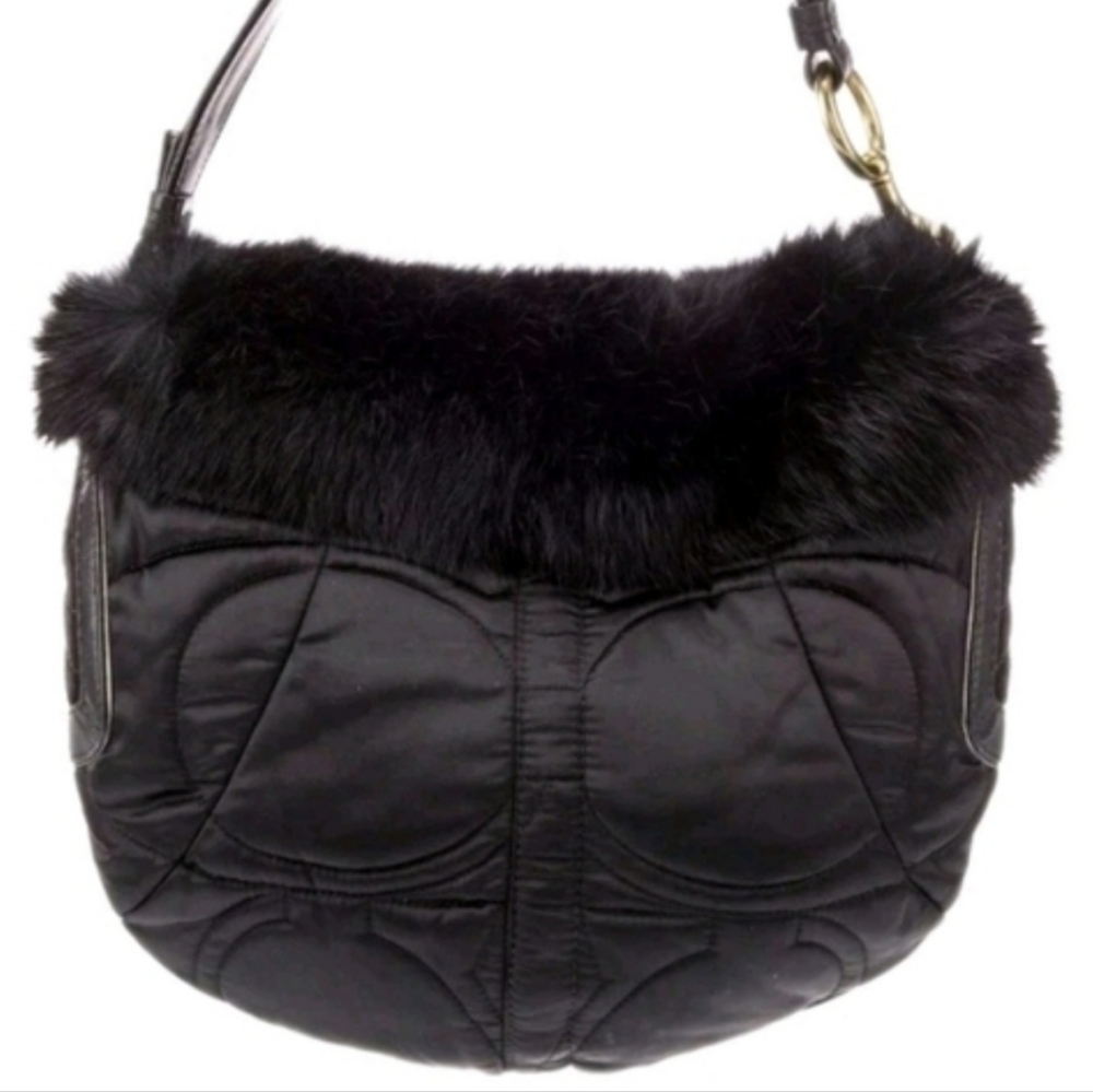Coach Furry Black Rabbit Fur-Trimmed Quilted Plushy Signature Hobo Bag